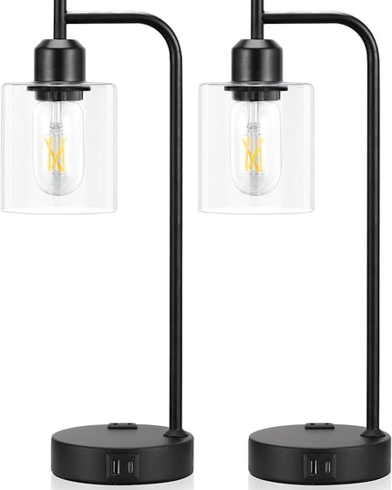Industrial Touch Table Lamps for Bedrooms Set of 2 - 3-Way Dimmable Nightstand Lamps with USB C+A Ports and Outlet, Black Bedside Lamps with Glass Shade for Living Room, Desk Lamps for Home Office - LeafyLoom