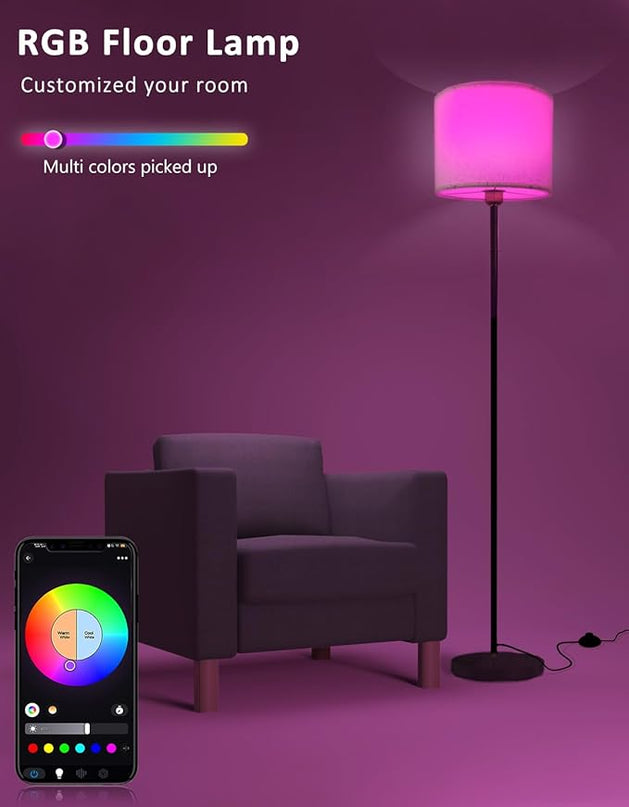 Floor lamp for living Room Compatible with Alexa & Google, White Linen Lamp Shade LED Bright Tall Standing Smart Floor Lamp with Remote for Bedroom Office, Modern Color Changing Dimmable WiFi Light. - LeafyLoom