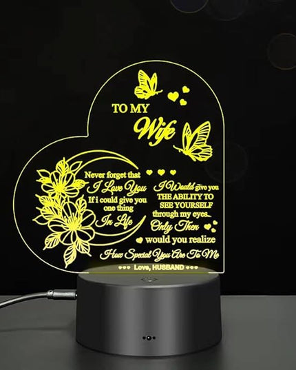 Dear Wife I Love You 3D Light, 7-Color USB Charging Bedside Lamp Decoration, I Love You My Wife 3D Light Gift from Husband, New Love Heart Wife's Birthday Gifts, Home Decoration for My Wife - LeafyLoom