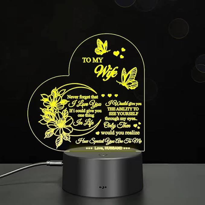 Dear Wife I Love You 3D Light, 7-Color USB Charging Bedside Lamp Decoration, I Love You My Wife 3D Light Gift from Husband, New Love Heart Wife's Birthday Gifts, Home Decoration for My Wife - LeafyLoom