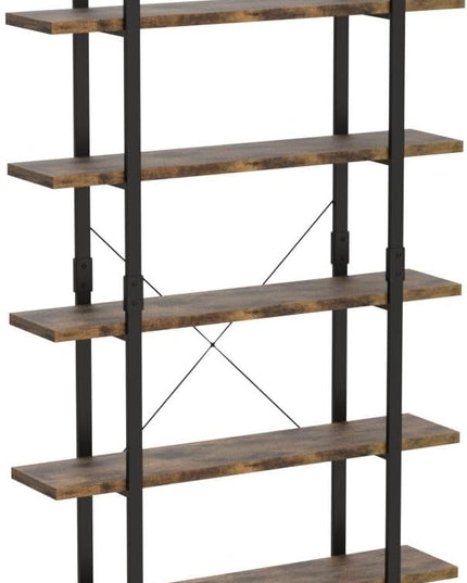 FRAPOW 5 Tier Bookshelf, 70 inch Tall Solid Bookcase Industrial Wooden Bookshelves Large Wall Etagere Rustic Vintage Book Shelf with Metal Frame Open Storage Rack for Living Room Home Office - LeafyLoom
