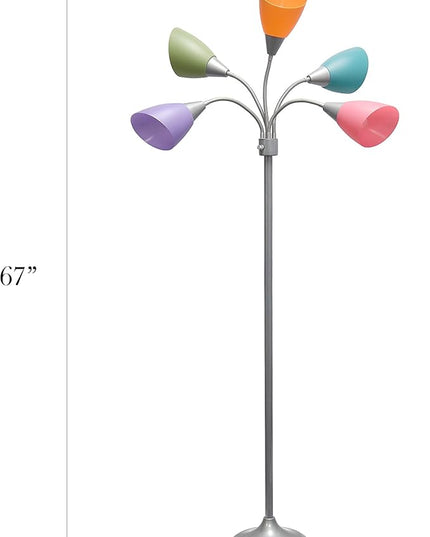 Simple Designs LF2006-SLM 67" Contemporary Multi Head Medusa 5 Light Adjustable Gooseneck Silver Floor Lamp with Fun Light Multicolored Shades for Kids Bedroom Playroom Living Room Office - LeafyLoom