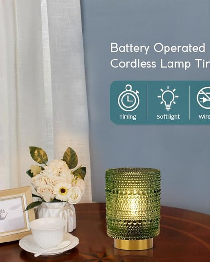 Battery Operated Cordless Lamp Timer,Decorative Table Lamp Battery Powered Lamp with LED Bulb,Decorative Bedside Lamp for Living Room,Bedside Lamp,Night Light (Green) - LeafyLoom