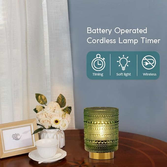 Battery Operated Cordless Lamp Timer,Decorative Table Lamp Battery Powered Lamp with LED Bulb,Decorative Bedside Lamp for Living Room,Bedside Lamp,Night Light (Green) - LeafyLoom