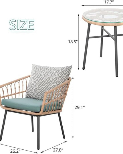 3 Piece Patio Furniture Outdoor Conversation Bistro Set with Tempered Coffee Table and Wicker Chairs for Garden Balcony Backyard Yard Poolside (Green) - LeafyLoom