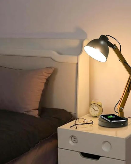 ELINKUME LED Desk Working Lamp with Charging(Wireless/USB-A/Typ-C),Wood Swing Arm Table Bedside Lamp, Black Metal Lampshade,Vintage Reading Light for Office,Study,Bedroom,Living Room(Excluding Bulb) - LeafyLoom
