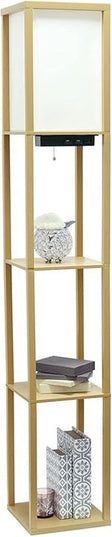 Simple Designs LF1037-TAN Floor Lamp Etagere Organizer Storage Shelf with 2 USB Charging Ports, 1 Charging Outlet and Linen Shade, Tan - LeafyLoom
