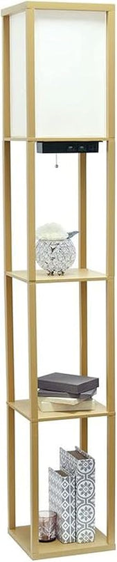 Simple Designs LF1037-TAN Floor Lamp Etagere Organizer Storage Shelf with 2 USB Charging Ports, 1 Charging Outlet and Linen Shade, Tan - LeafyLoom