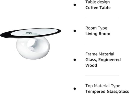 Fab Glass and Mirror CTW-FAB3000 High Gloss Coffee Oval Tempered Glass Top End Side Table, White - LeafyLoom
