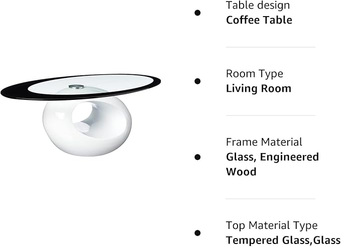 Fab Glass and Mirror CTW-FAB3000 High Gloss Coffee Oval Tempered Glass Top End Side Table, White - LeafyLoom