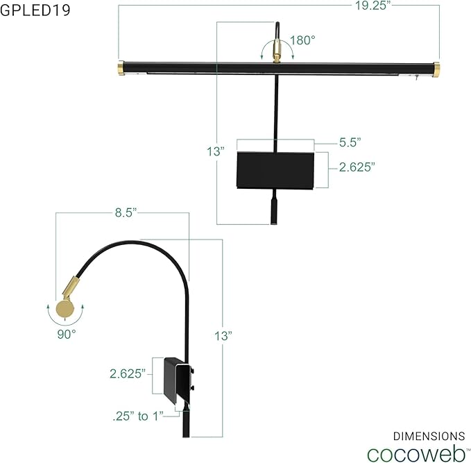 Cocoweb 19" LED Grand Piano Light in Black with Satin Nickel Accents with Dimmer Clip - LeafyLoom