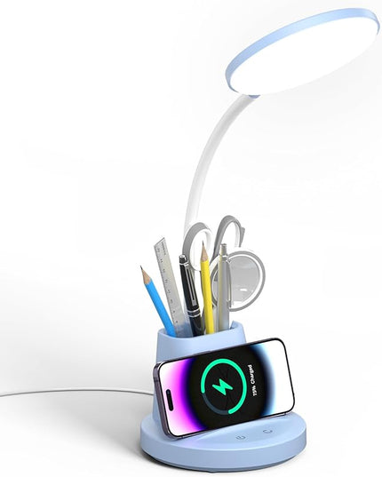 LED Desk Lamp with Wireless Charger for Home Office, Small with Pen Holder, 800LM,3 Color Modes,Gooseneck, Eye-Caring White Desk Lamps for Home College Dorm Room,Blue - LeafyLoom