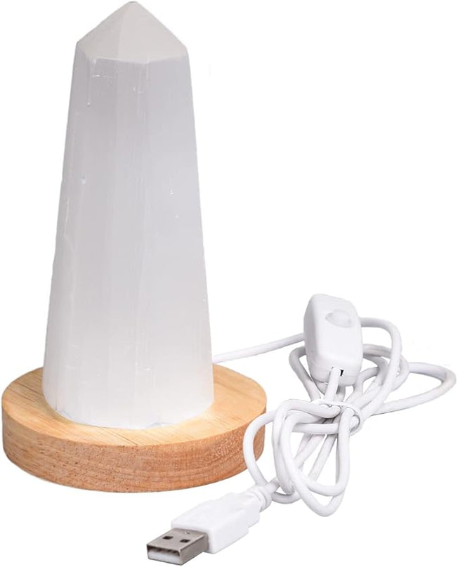 JIC Gem USB Selenite Lamp Hexagonal Crystal Points Selenite Tower Lamp Morocco Skyscraper 4 Inch with Wooden Light Stand Base - LeafyLoom