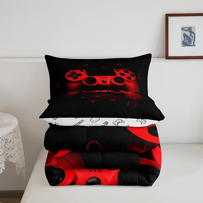 Boys Gamer Comforter Set Full Size,Gamepad Bedding Set Kids Young Man Video Games Down Comforter for Teen Child Game Room Decor Black Red Classic Retro Gaming Quilted Duvet Set with Pillowcase - LeafyLoom
