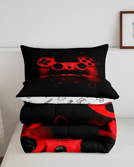 Boys Gamer Comforter Set Twin Size,Gamepad Bedding Set Kids Young Man Video Games Down Comforter for Teen Child Game Room Decor Black Red Classic Retro Gaming Quilted Duvet Set with Pillowcase - LeafyLoom