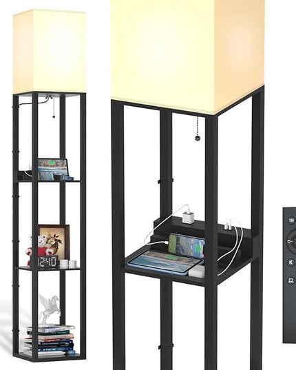 PAZZO Floor lamp with Shelves, Shelf Floor Lamp with Remote Control, Solid Wood with 2 Charging Ports and 1 Power Outlet, 4 Color Temperatures with Intelligence Bulb, Lamps for Livingroom, Bedroom - LeafyLoom