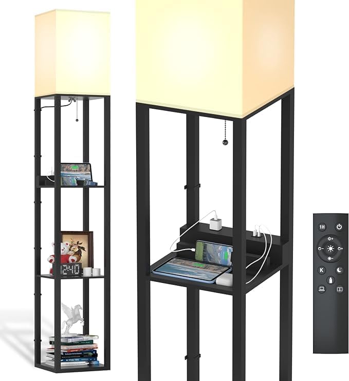 PAZZO Floor lamp with Shelves, Shelf Floor Lamp with Remote Control, Solid Wood with 2 Charging Ports and 1 Power Outlet, 4 Color Temperatures with Intelligence Bulb, Lamps for Livingroom, Bedroom - LeafyLoom