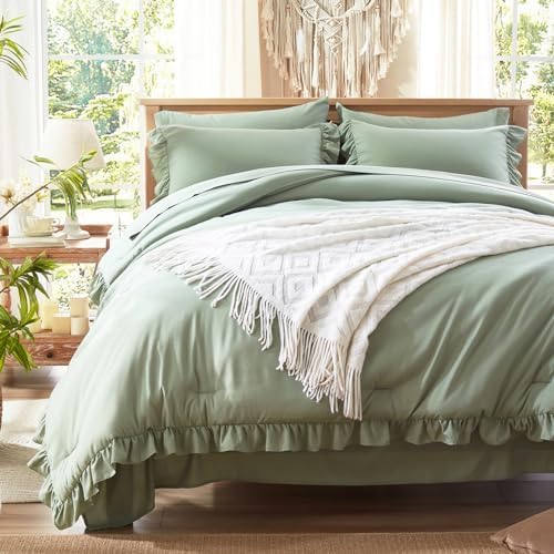 Anluoer King Comforter Set 7 Piece, Sage Green Bed in a Bag with Sheets, All Season Ruffle Shabby Chic Bedding Sets with 1 Comforter, 2 Pillow Shams, 2 Pillowcases, 1 Flat Sheet, 1 Fitted Sheet - LeafyLoom