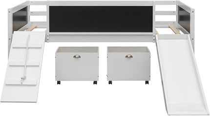 Twin Size Low Loft Bed with Slide and 2 Storage Boxes,Kids Low Loft Bed Frame with Climbing and Chalkboard,Solid Loft Bed Twin for Boys,Girls,White - LeafyLoom