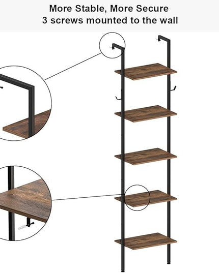 Industrial Bookshelf Wall Mounted 5-Tiers Ladder Shelf Wooden and Metal Narrow Thin Bookshelf Open Display Storage Rack for Living Room Bedroom Home Office (Rustic Brown, Small) - LeafyLoom