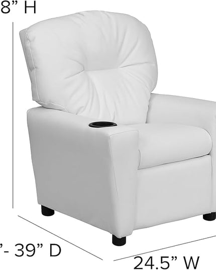 Flash Furniture Chandler Vinyl Kids Recliner with Cup Holder and Safety Recline, Contemporary Reclining Chair for Kids, Supports up to 90 lbs., White - LeafyLoom
