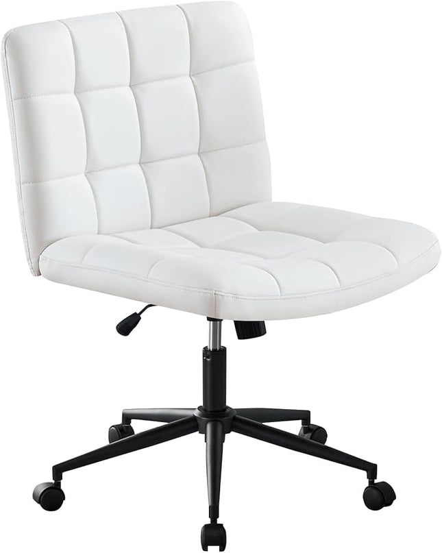 Furniliving Home Office Desk Chair with Wheels,Criss Cross Legged Wide Chair Armless Height Adjustable Chair with Mid Back PU-Padded Swivel Accent Vanity Chairs,IvoryWhite - LeafyLoom