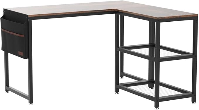 VECELO L Shaped Computer Gaming Corner Desk with Storage Bag and Shelf Home Office Table for Study Writing Room, Small Space Workstation, Easy to Assemble, Brown - LeafyLoom