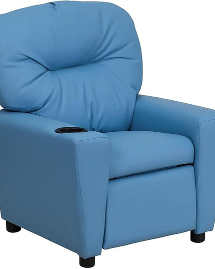 Flash Furniture Chandler Vinyl Kids Recliner with Cup Holder and Safety Recline, Contemporary Reclining Chair for Kids, Supports up to 90 lbs., Light Blue - LeafyLoom