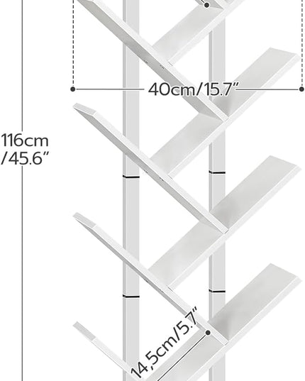 HOOBRO Tree Bookshelf, 9-Tier Bookcase Wooden Shelves, Floor Standing Storage Rack, for Display of CDs, Books in Living Room, Home Office, Wood Storage Rack for Bedroom, White WT08SJ01G1 - LeafyLoom