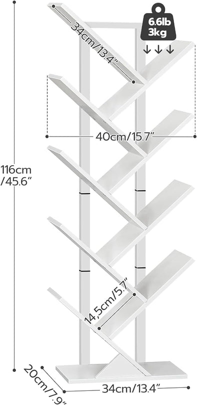 HOOBRO Tree Bookshelf, 9-Tier Bookcase Wooden Shelves, Floor Standing Storage Rack, for Display of CDs, Books in Living Room, Home Office, Wood Storage Rack for Bedroom, White WT08SJ01G1 - LeafyLoom