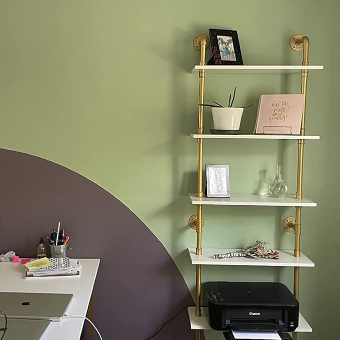 6 Tier Gold Bookshelf, White and Gold Shelves, Modern Shelves Shelf Bookcase Metal Mid Century Open Industrial Wall Mount Accents Decor Retail Shelving Vertical for Living Room - LeafyLoom