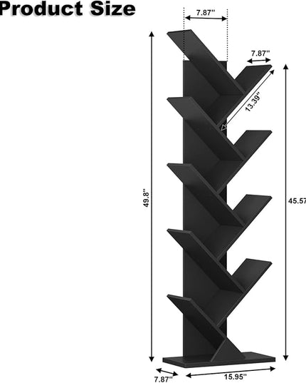 Function Home 9 Tier Tree Bookshelf, Modern Tall Geometric Bookcase, Freestanding Book Shelf, Wood Floor Storage Shelf for Living Room, Bedroom, Home Office,Black - LeafyLoom