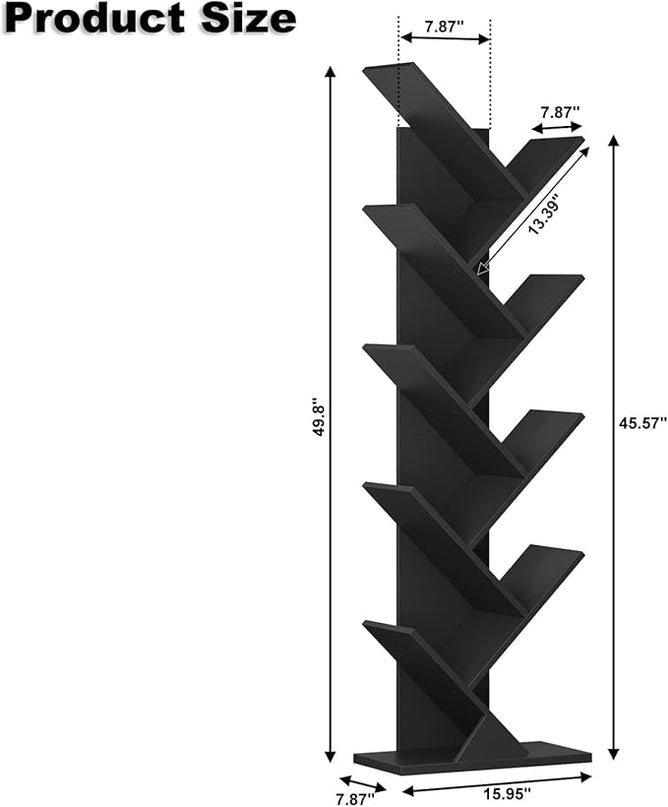 Function Home 9 Tier Tree Bookshelf, Modern Tall Geometric Bookcase, Freestanding Book Shelf, Wood Floor Storage Shelf for Living Room, Bedroom, Home Office,Black - LeafyLoom