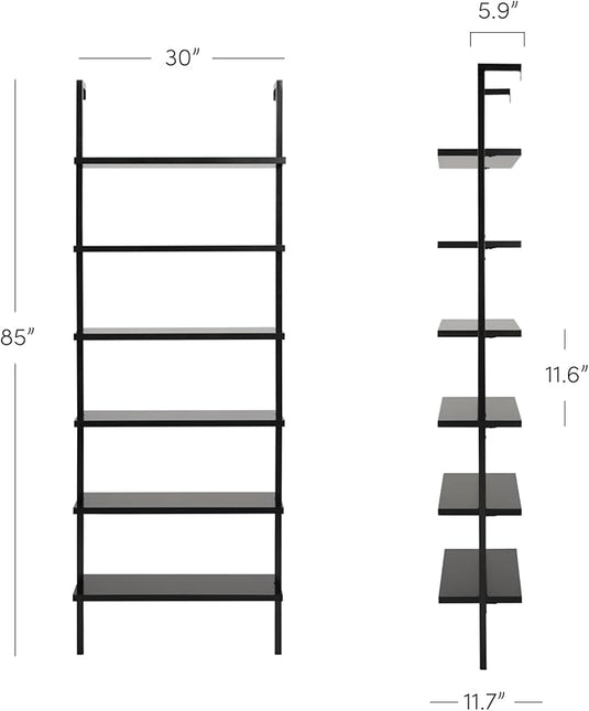 Nathan James Theo 6-Shelf Tall Bookcase, Wall Mount Bookshelf Wood Shelves and Metal Frame, Matte Black - LeafyLoom