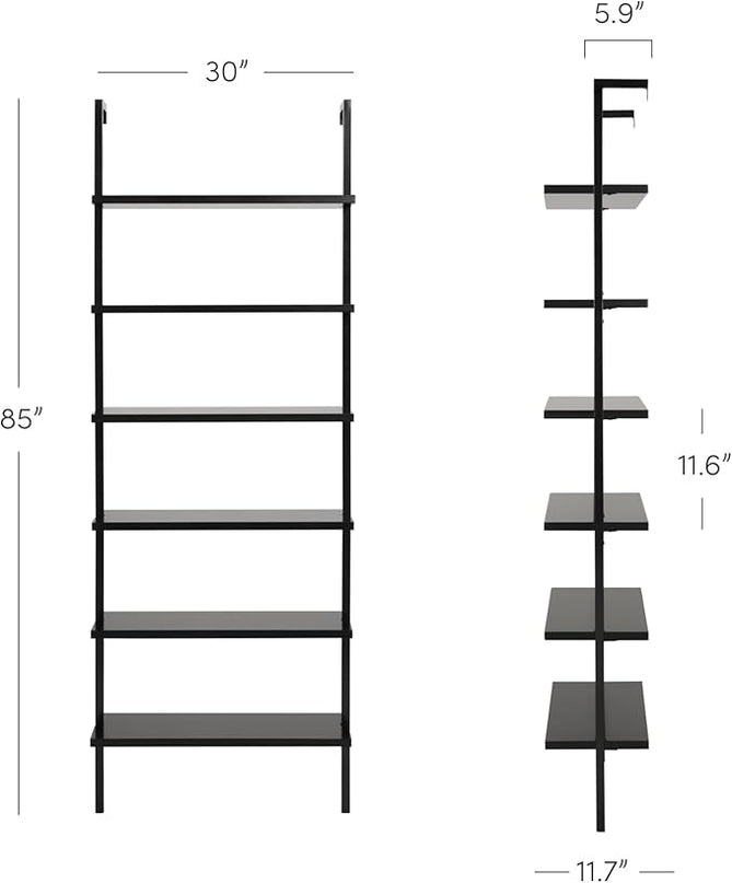 Nathan James Theo 6-Shelf Tall Bookcase, Wall Mount Bookshelf Wood Shelves and Metal Frame, Matte Black - LeafyLoom