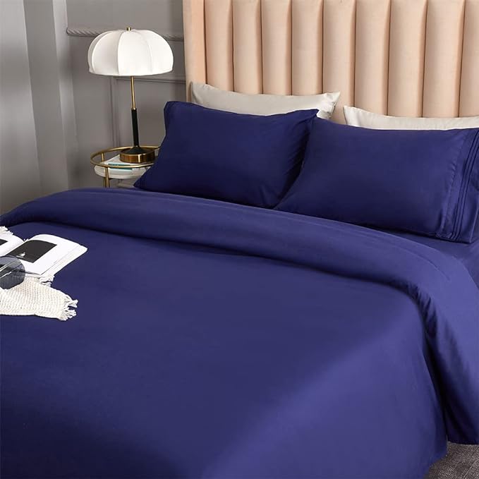 Bed Sheet Set - Brushed Microfiber Bedding - Bedding Sheets & Pillowcases - Deep Pockets - Easy Fit - Breathable & Cooling Sheets -4 Piece Queen Blue Set - LeafyLoom