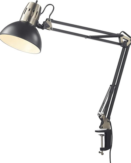 Globe Electric 62000009 32" Multi-Joint Desk Lamp with Metal Clamp, Matte Black, Antique Brass Accents, On/Off Rotary Switch on Shade, Partially Adjustable Swing Arm, Home Décor, Office Accessory - LeafyLoom