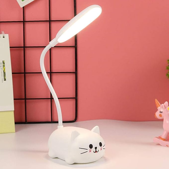 Kids Lamp, LED Desk Lamp for Kids, Cute Cat Lamp Kawaii Desk Accessories, Flexible Gooseneck Eye-Care Cartoons Small Desk Lamp Girls Gifts (White) - LeafyLoom