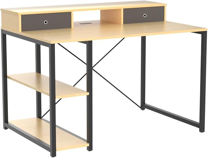 TOPSKY 47”x 31.5” Computer Desk with Drawers, Monitor Stand, Storage Shelf, 3-Port Charging Station (BAMBOO) - LeafyLoom