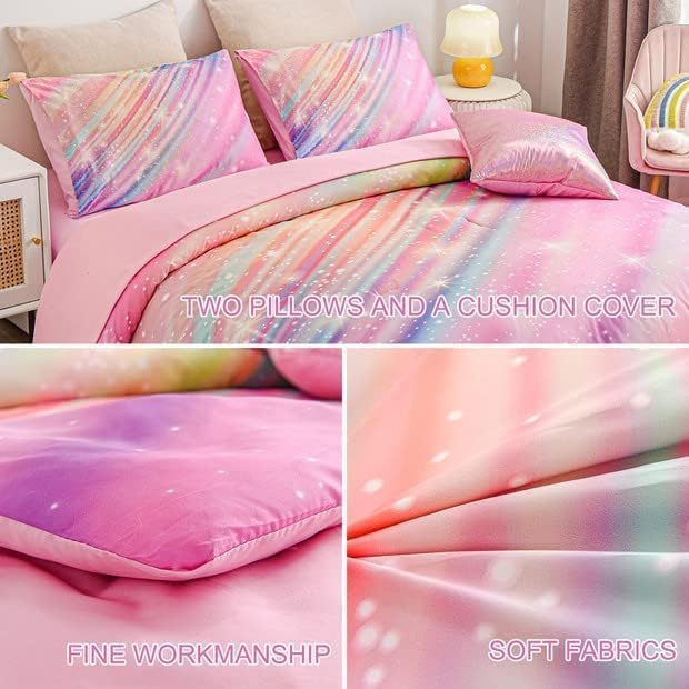 Btargot Super Soft 6 Pieces Gradient Star Ring Comforter Set, Colorful Glitter Rainbow Star Pattern Bedding Set for Boys Girls Teens, Full Pink - LeafyLoom