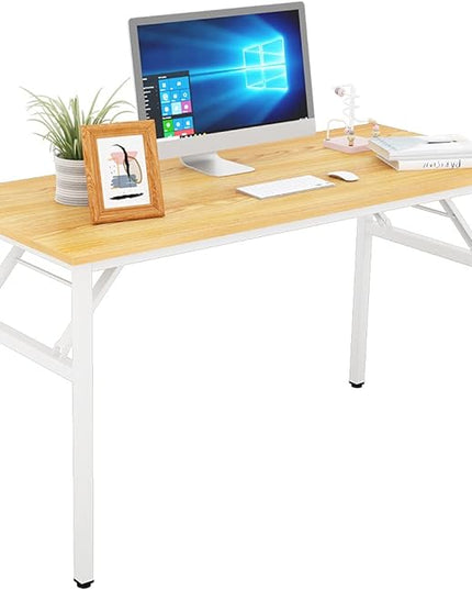 SDHYL 55inchesNo Assembly Foldable Computer Desk for Home Office Workstation, Study and Writing, Teak Board and White Leg - LeafyLoom