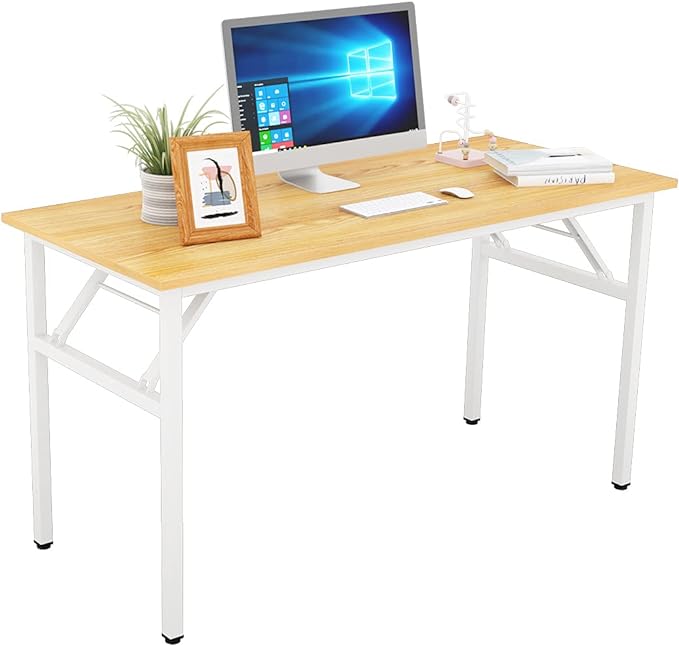 SDHYL 55inchesNo Assembly Foldable Computer Desk for Home Office Workstation, Study and Writing, Teak Board and White Leg - LeafyLoom