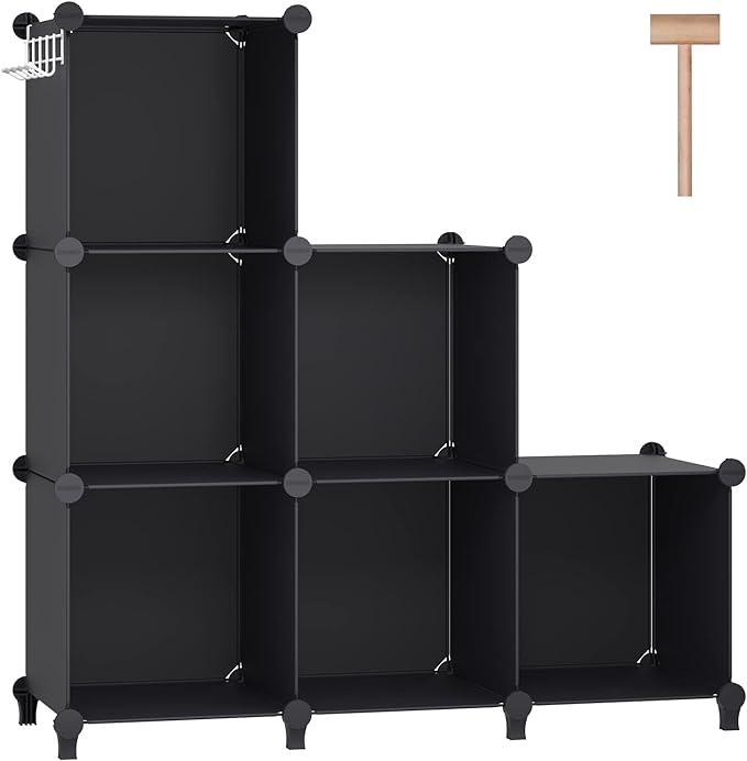 6 Cubes Storage Organizer, Bookcase, Display Shelf with Wooden Mallet, Cabinet Storage for Kids, Adult, Office, Bedroom, Bathroom, Black - LeafyLoom