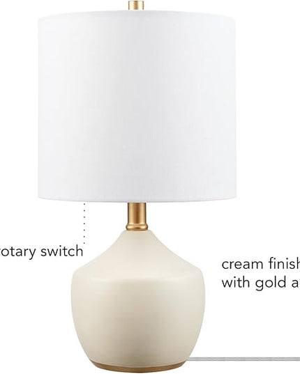 Globe Electric Novogratz x 61000042 Novogratz x Globe 16" Ceramic Table Lamp, Cream Finish, Concrete Textured Body, Brass Base, White Linen Shade, Brass Accents, On/Off Rotary Switch on Socket - LeafyLoom