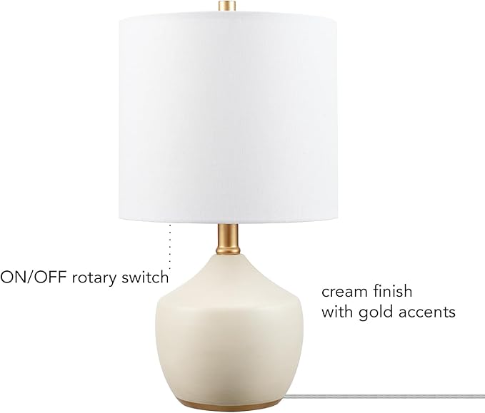 Globe Electric Novogratz x 61000042 Novogratz x Globe 16" Ceramic Table Lamp, Cream Finish, Concrete Textured Body, Brass Base, White Linen Shade, Brass Accents, On/Off Rotary Switch on Socket - LeafyLoom