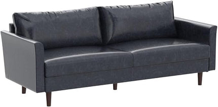 Dreamsir 80'' Faux Leather Sofa Couch, Mid-Century Modern Sofa with Solid Wooden Frame & Padded Cushions, 3-Seater Couch for Living Room, Apartment, Lounge Room (Blue) - LeafyLoom