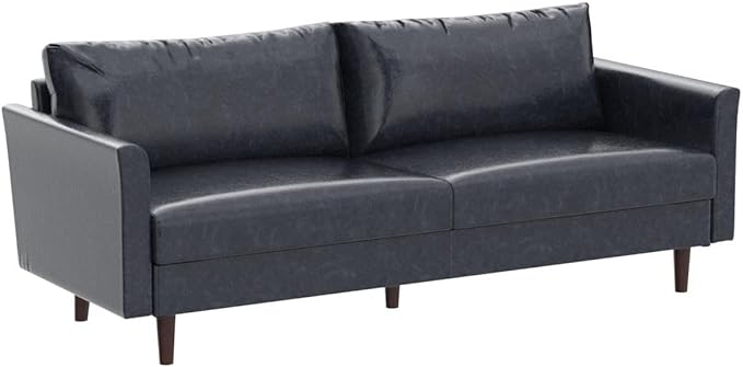 Dreamsir 80'' Faux Leather Sofa Couch, Mid-Century Modern Sofa with Solid Wooden Frame & Padded Cushions, 3-Seater Couch for Living Room, Apartment, Lounge Room (Blue) - LeafyLoom