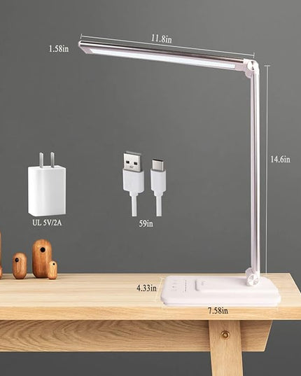 LED Desk Lamp, Stepless Dimmable Eye-Caring Lamps with Night Light USB Charging Port 5 Color Modes and 5 Brightness Levels, 30 min Auto Timer, Adjustable Lamps for Home Office Bedroom, White - LeafyLoom