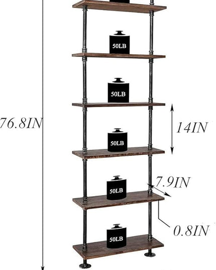 Industrial Pipe Bookshelves Rustic Wall Ladder Bookshelf Display Storage Stand Shelf Bookcase for Living Room, Kitchen, Office (6 Tier) - LeafyLoom
