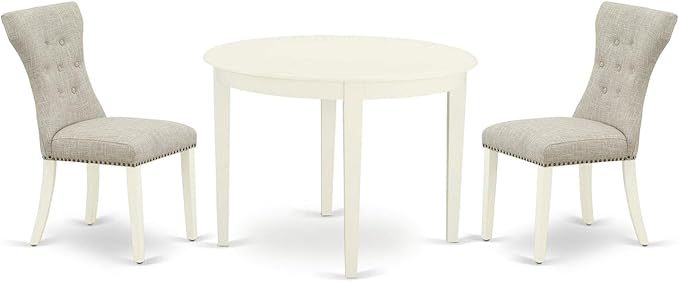 East West Furniture BOGA3-WHI-35 Boston 3 Piece Set for Small Spaces Contains a Round Kitchen Table and 2 Doeskin Fabric Parson Dining Chairs, Linen White, 42x42 Inch - LeafyLoom